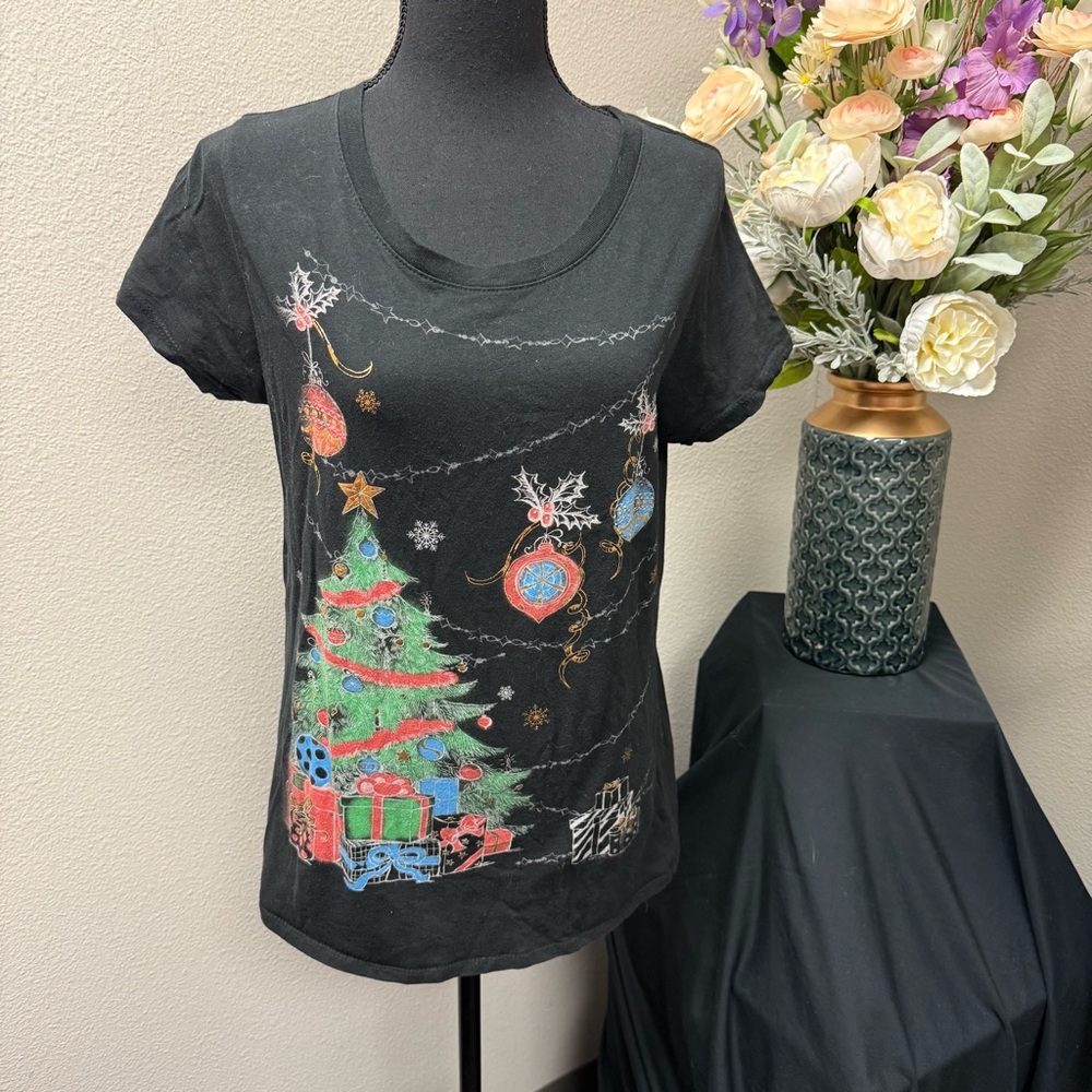 Holiday Time Black Christmas Tree Ornament Graphic Tee Shirt Large - Picture 2 of 8